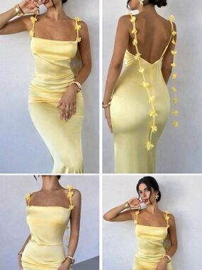 Sexy  Yellow Floral-Trim Satin Cowl Back Slip Dress